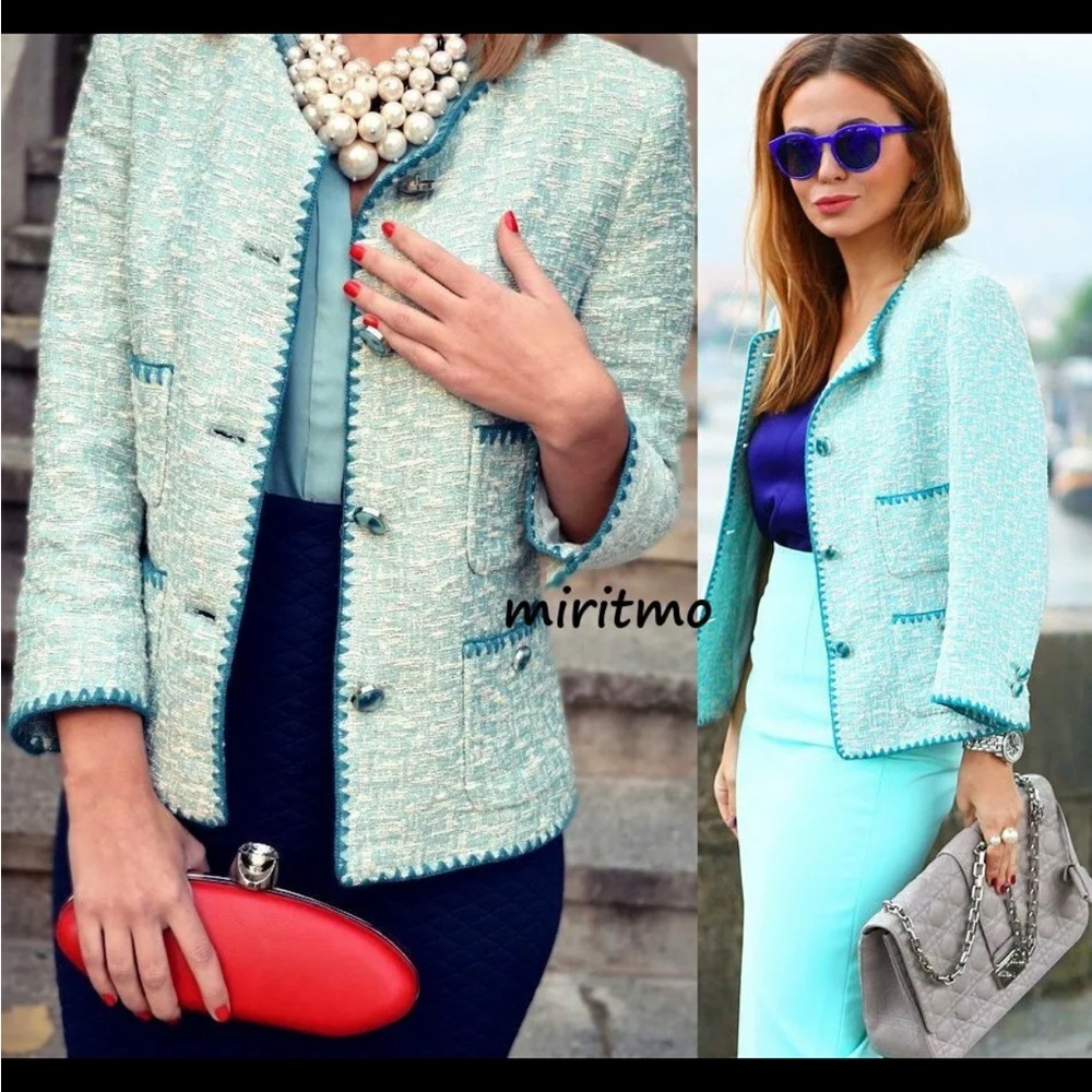 ZARA BLUE ECRU CONTRAST BLAZER TWEED WEAVE JACKET COAT SIZE S NEW